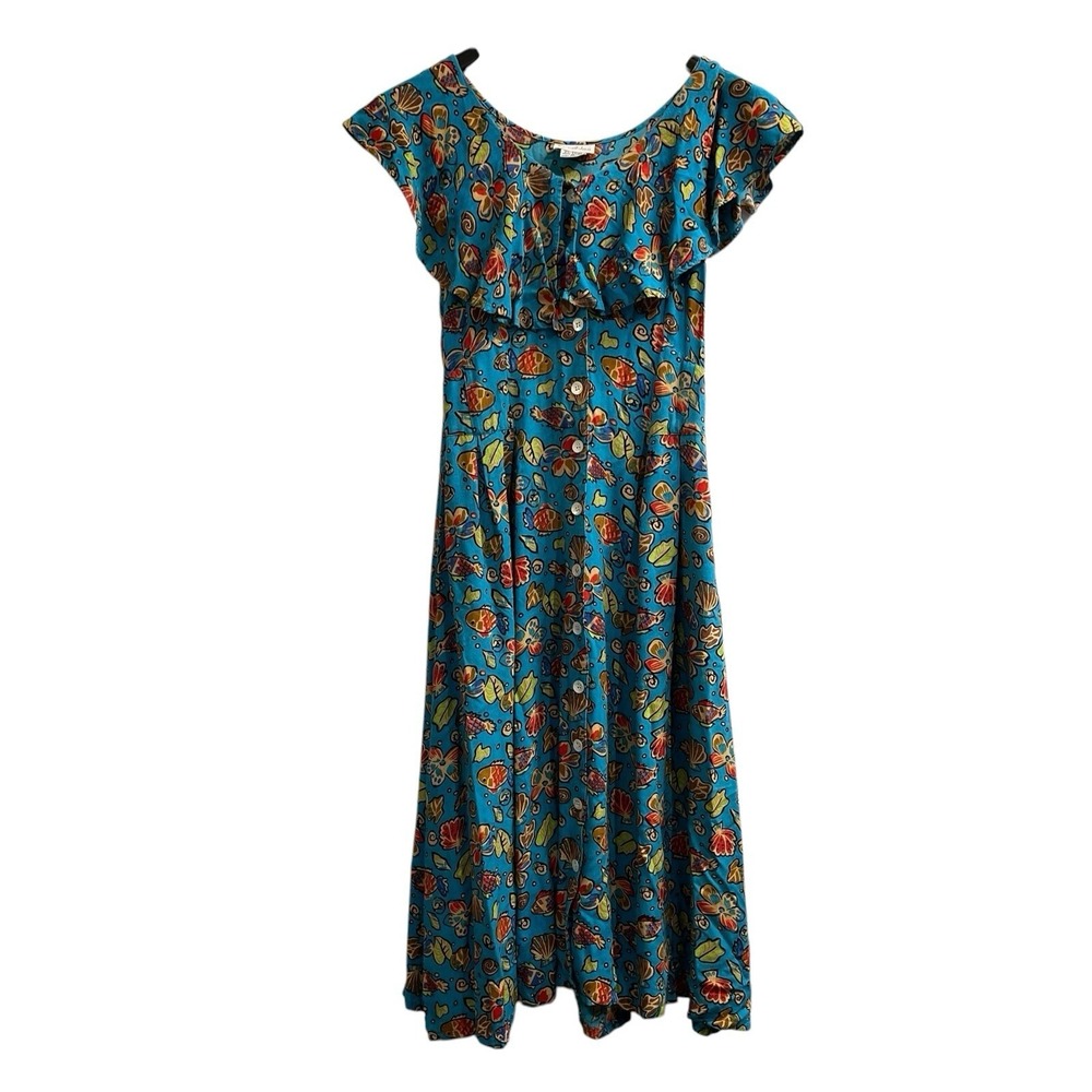 Vintage Tangibles Dress M‎ Blue Tropical Off Shoulder Ruffle Top Maxi Resort
